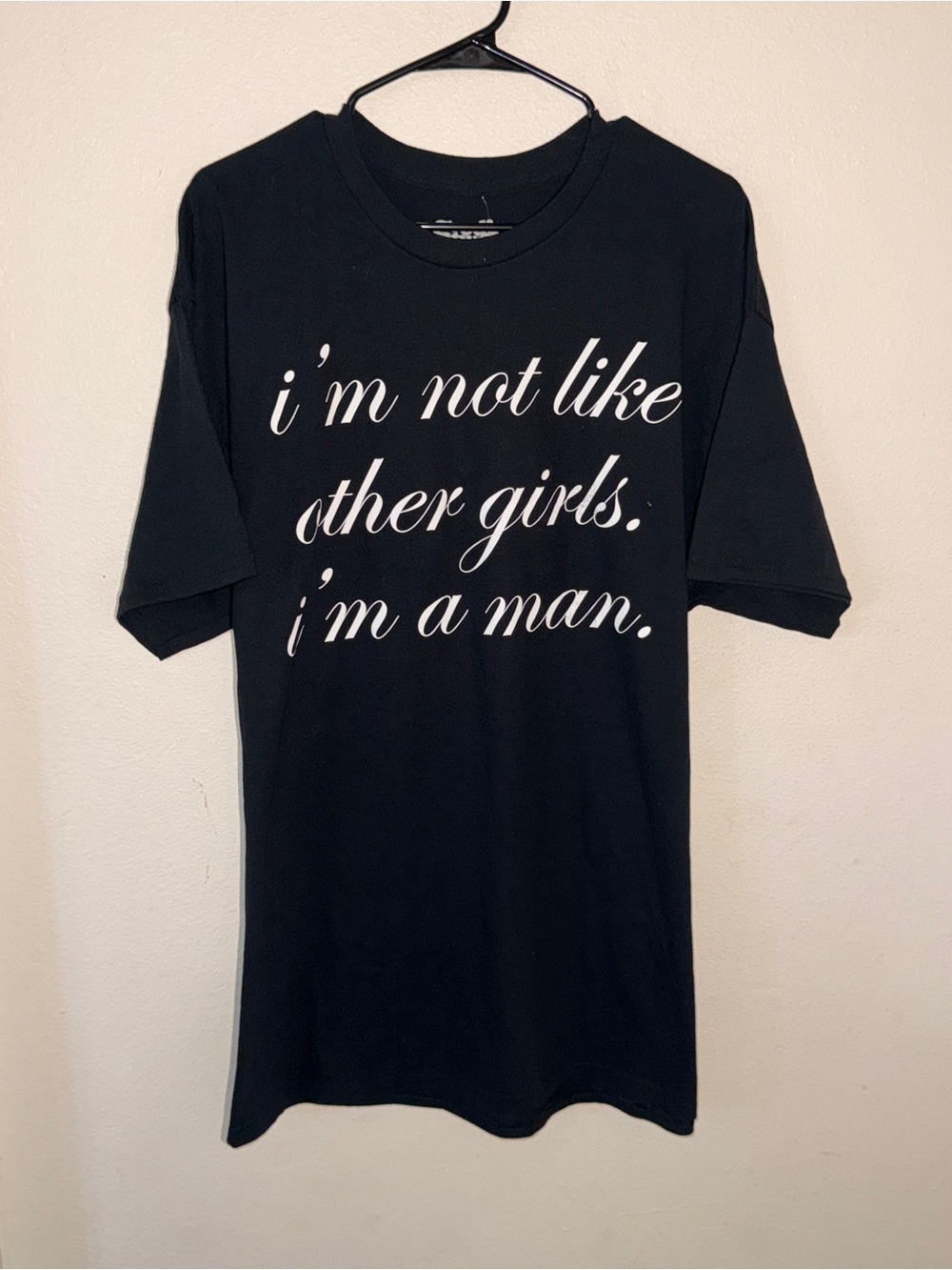 Men's Black Graphic Tee with White Script - Statement Short Sleeve Shirt